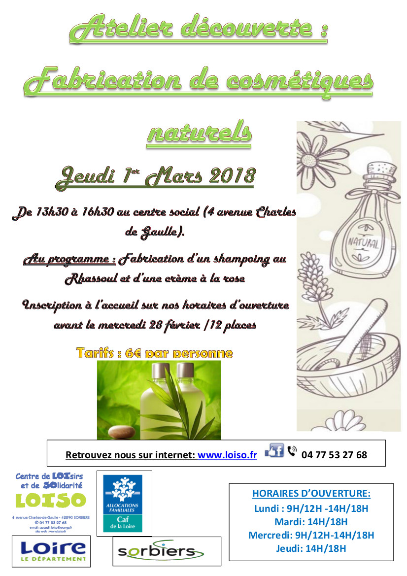 Fabrication de cosmétiques naturels jeudi 1er mars Fabrication de cosmétiques naturels jeudi 1er mars